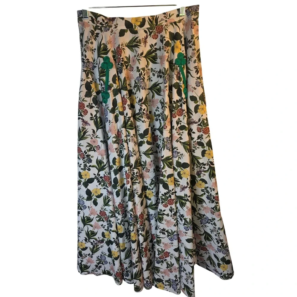 Vivetta Italy Floral Cotton Maxi Skirt Green Frog Closures White Size 42 IT - Picture 1 of 6